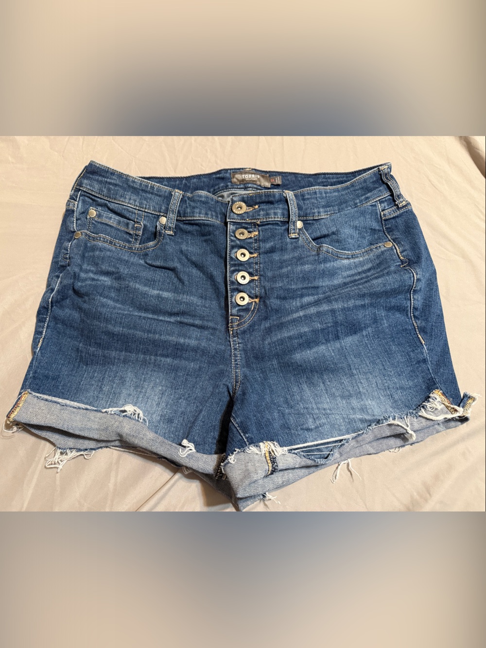 torrid Dark Blue Button-Fly Distressed Denim Shorts